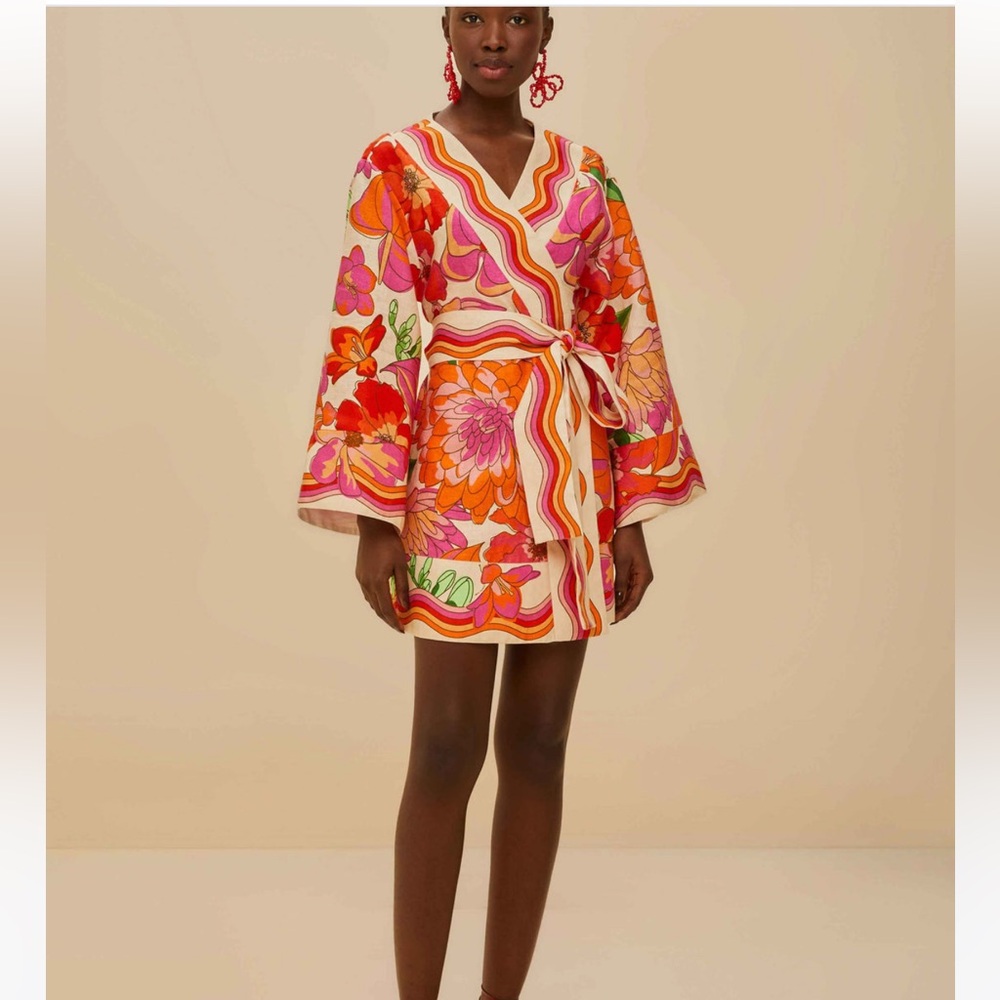 Farm Rio Beige Spring Affair Euroflax™ Premium Linen Mini Dress